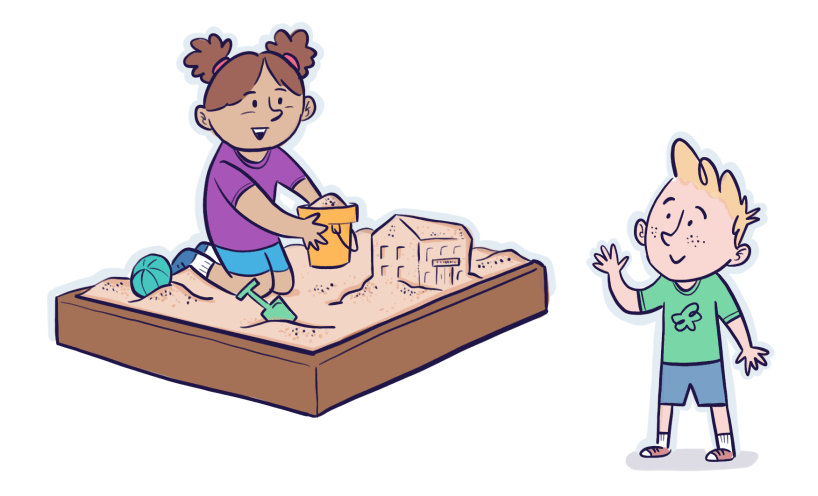 Illustration of a young girl playing happily in a sandpit, with a young boy nearby waving to her